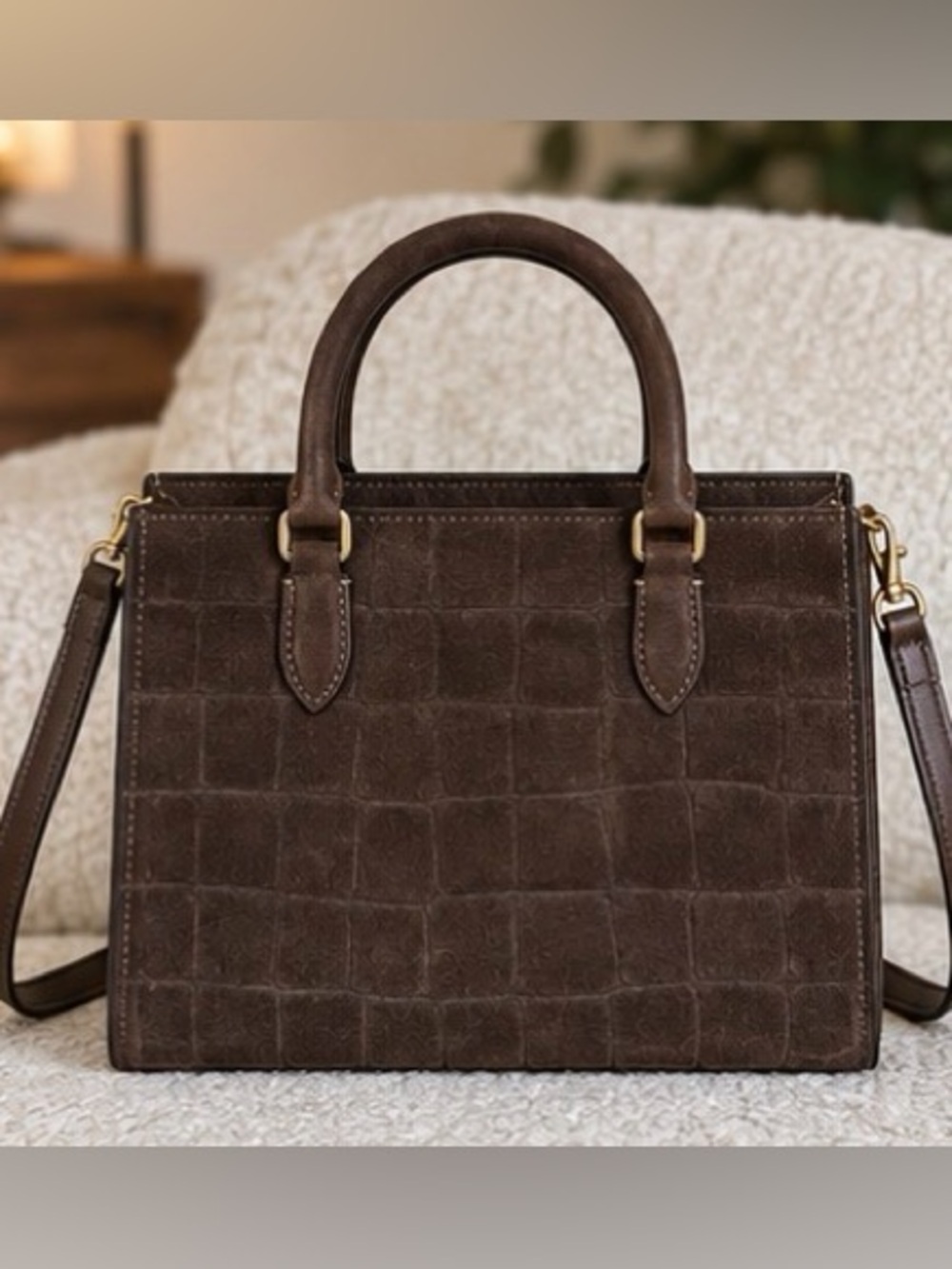 Coach Maggie Small Tote Croc Embossed Suede Brown Gold CCC71 - Picture 2 of 7